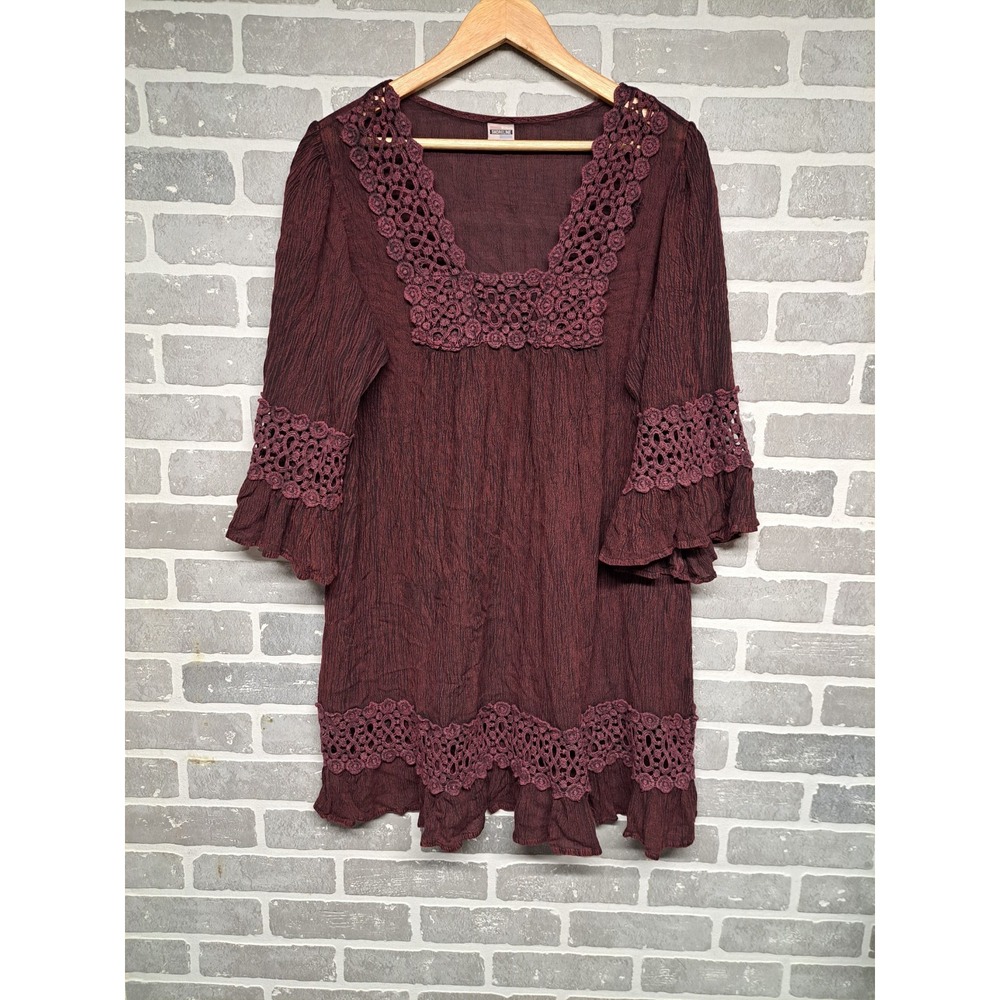 Shoreline Womens Burgandy Dress Crochet Square Neck 3/4 Bell Sleeve Size 1XL